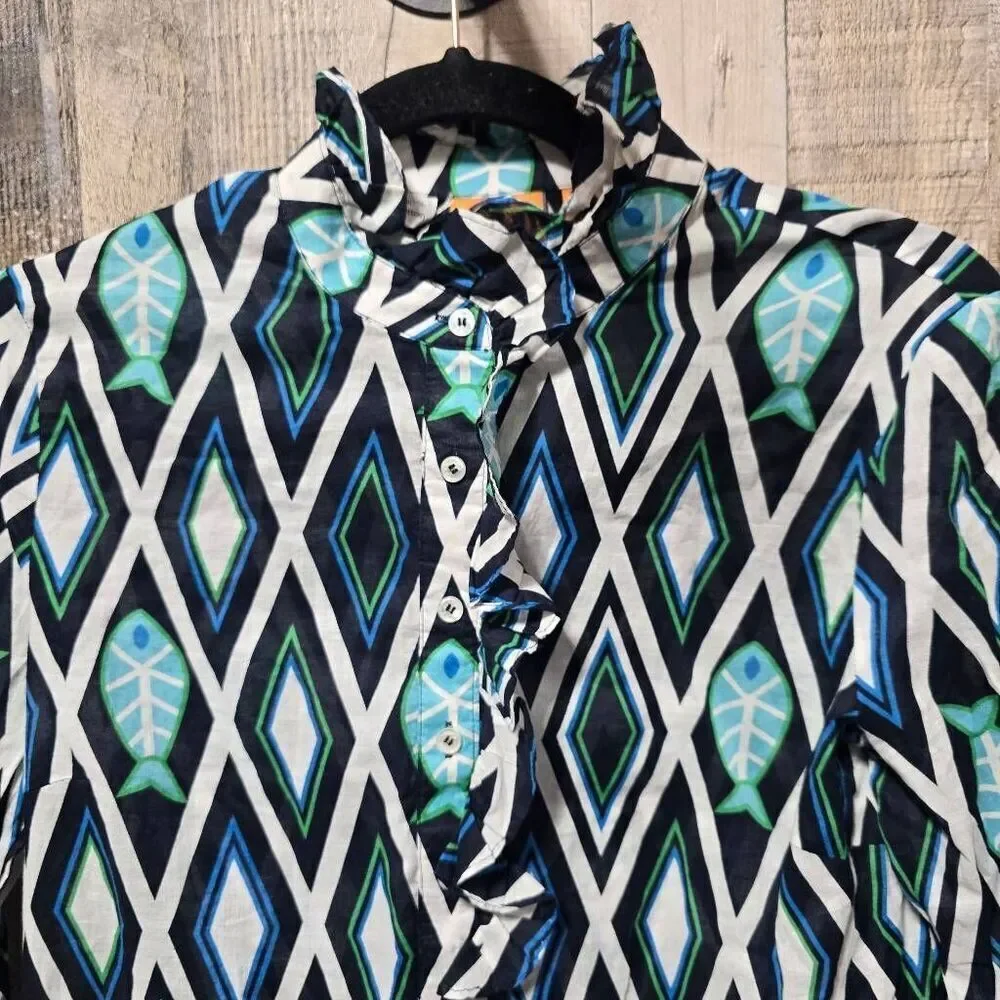 Tory Burch Geometric Print Fish Multicolor Ruffle Blouse